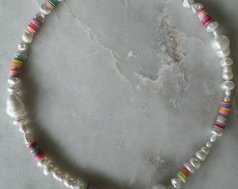 Beach Pearl Necklace: Freshwater Pearls, African Disc Beads, 24k Gold Clasp