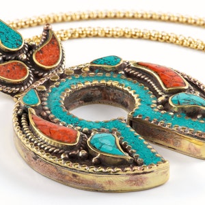 Crescent Moon Necklace: Nepalese Turquoise & Coral Pendant