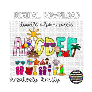 STRAND/ZOMER doodle alfabet ~ SUBLIMATIE letters png digitale download