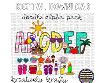 BEACH/SUMMER doodle alphabet ~ SUBLIMATION letters png digital download