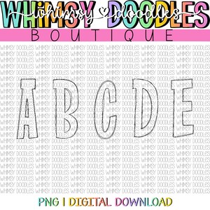 Op de afbeelding: Zwarte en witte omtrek van de letters A, B, C, D en E. De letters zijn groot en vetgedrukt. De letters staan op een witte achtergrond met de tekst "WHIMSY DOODLES BOUTIQUE" bovenaan en "PNG | DIGITAL DOWNLOAD" onderaan.