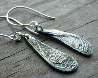 Fine silver samara earrings; silver maple seed earrings; botanical earrings; textured fine silver earrings; nature inspired earrings
