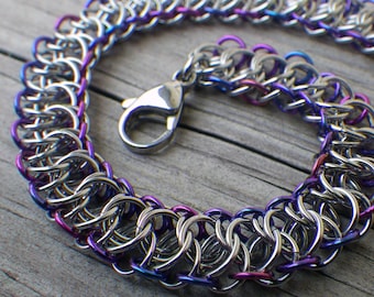 Purple Niobium and Stainless Steel Chainmaille Bracelet