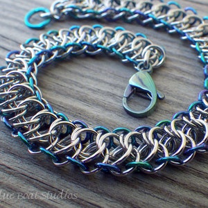 Stainless steel chain maille bracelet with anodized niobium edging; stainless chainmaille bracelet; blue, green & silver chainmaille jewelry