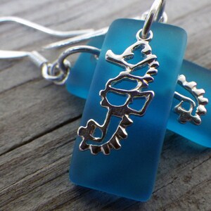 May include: A pair of blue glass earrings with silver seahorse charms. The earrings are teardrop shaped and have a frosted finish.