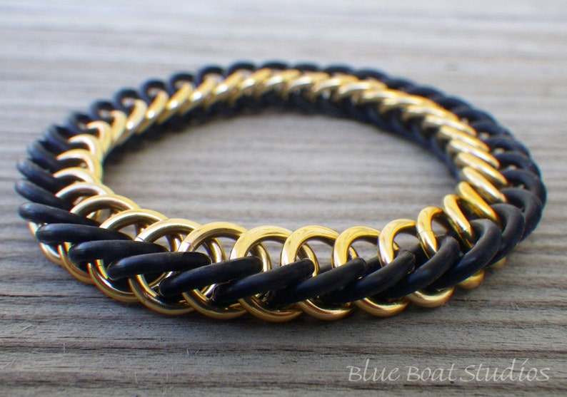 Gold and Black Rubber Chain Maille Bracelet Stretchy Chainmaille