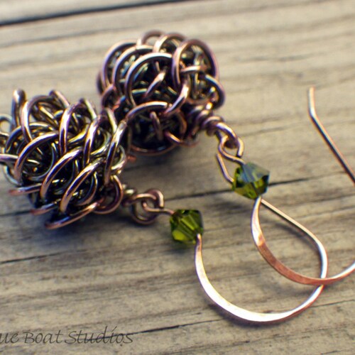 Copper chainmaille pinecone earrings with custom crystal ear wires