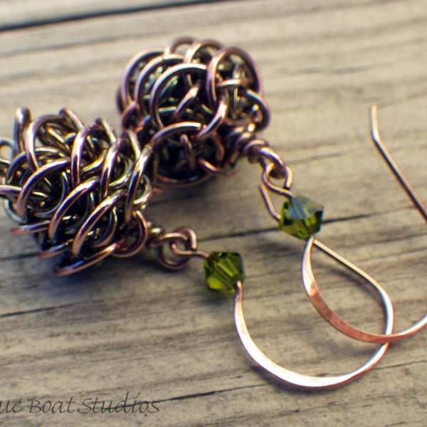 Copper chainmaille pinecone earrings with custom crystal ear wires; chain maille earrings; pine cone earrings; fall earrings