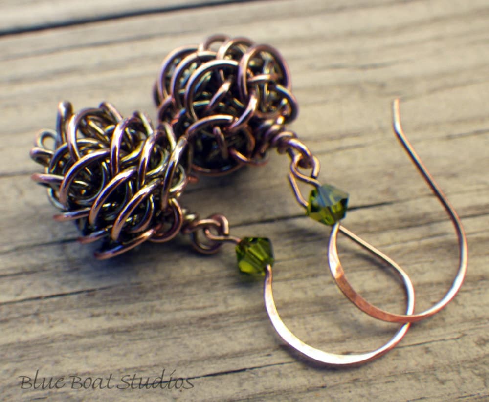 Copper chainmaille pinecone earrings with custom crystal ear Etsy