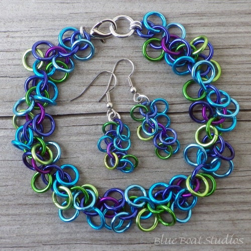 Chainmaille Bracelet and Earrings Set: Anodized Aluminum, Ocean Colors