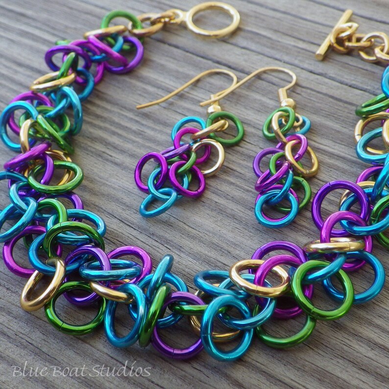 Colorful Chainmaille Jewelry Set Chainmaille Bracelet and Earrings