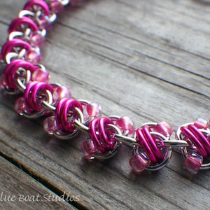 Pink and silver aluminum beaded chain maille bracelet; chainmaille jewelry; beaded chainmaille bracelet; Rapid Track weave