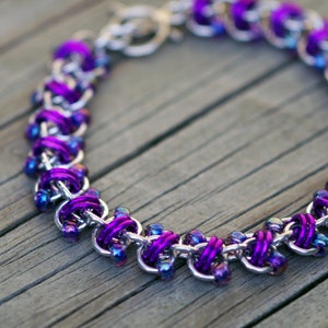 Purple and silver beaded chain maille bracelet; purple chainmaille jewelry; Rapid Track beaded chainmaille bracelet