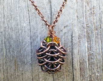 Copper chainmaille pine cone necklace, copper chainmaille necklace, pinecone necklace, chainmaille jewelry, chain maille necklace