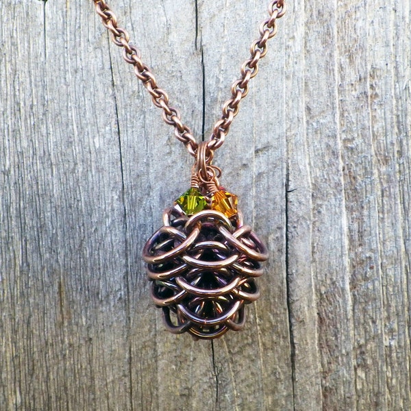 Copper chainmaille pine cone necklace, copper chainmaille necklace, pinecone necklace, chainmaille jewelry, chain maille necklace