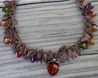 Handmade Copper Leaf Bracelet with Swarovski Crystal Pumpkin Charm
