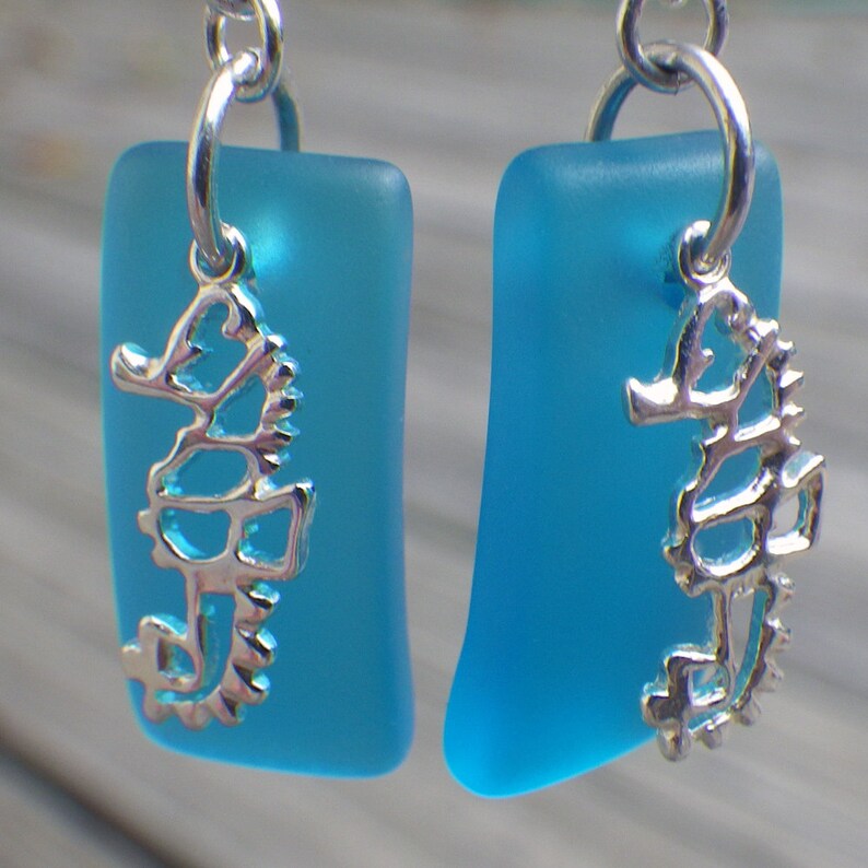 May include: A pair of blue glass earrings with silver seahorse charms. The earrings are rectangular in shape and have a frosted finish.