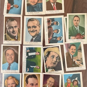 May include: A collection of 23 trading cards featuring various Dutch celebrities and musical groups. The cards are printed on white cardstock with colorful images and text. The cards are arranged in three rows of seven cards each.