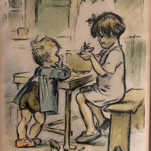 May include: Vintage framed artwork featuring two children. One child sits at a table, holding an object, while the other stands nearby. The artwork is in muted tones, with visible pencil strokes. The text at the bottom reads, "-J'aime bien les navets, mais j'aime pas l'goût!" and is signed.