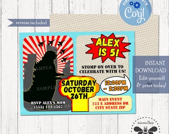 Godzilla Birthday Invitation Printable / DIGITAL Comic Book Giant Monster Party Invite