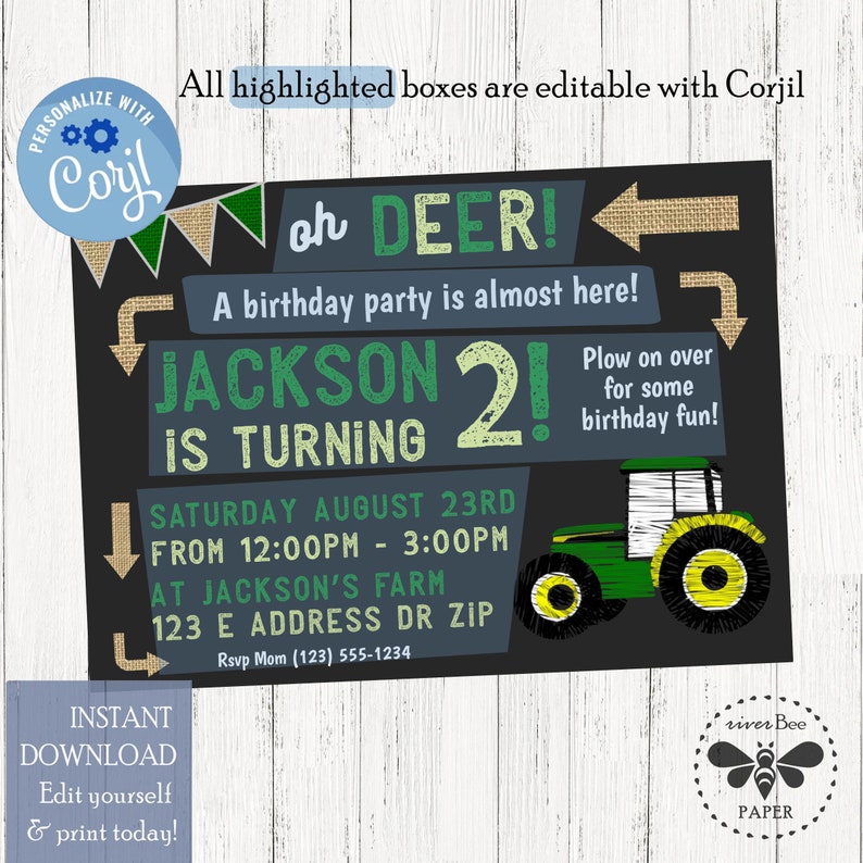 Chalkboard Tractor Birthday Invitation, Tractor Party Invite, Printable Tractor Invitation, Farmer Birthday Party, Farm Birthday Invite image 4