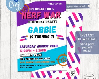 Girl Blaster Birthday Invitation, Pink & Purple Dart Gun Party Invite, Dart War Party, Non Traditional Birthday Party