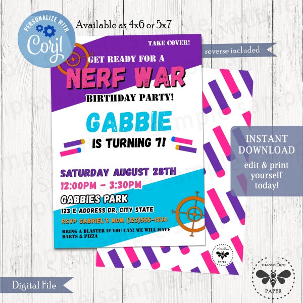 Girl Blaster Birthday Invitation, Pink & Purple Dart Gun Party Invite, Dart War Party, Non Traditional Birthday Party