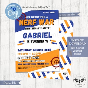 Dart Gun Birthday Party Invitation, Boys Birthday Invitation, Nerf War Party, Unique Birthday Party Invitation, Boy Party Idea image 1