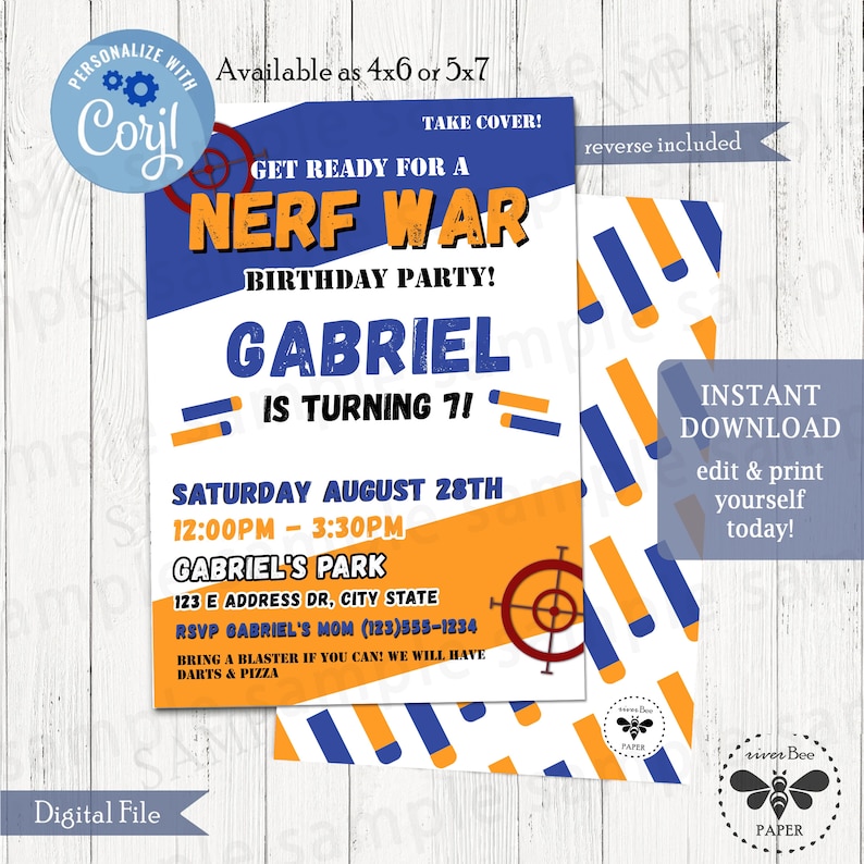 Dart Gun Birthday Party Invitation, Boys Birthday Invitation, Nerf War Party, Unique Birthday Party Invitation, Boy Party Idea image 1