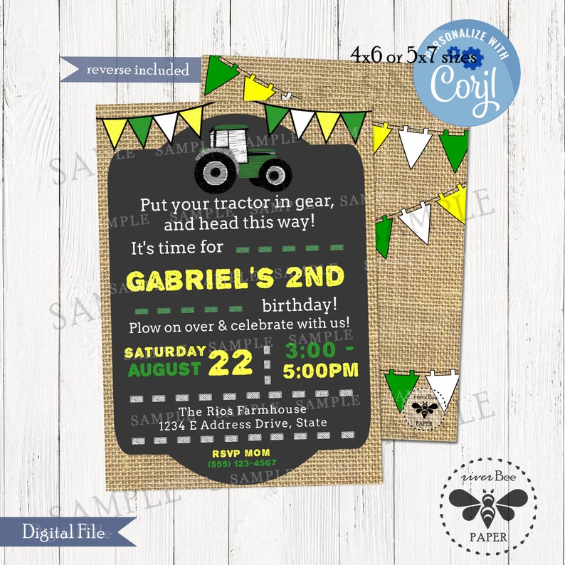 Tractor Invite, Green Tractor Birthday Party Invitation, Tractor Party Printable, Instant Download Invite, Tractor First Birthday image 1