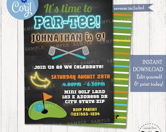 Kids Mini Golf Birthday Invitation, Neon Party Invite, Boy Golf Party, Mini Golf Birthday Party, Golf Party Invite, DIY Birthday Invitation