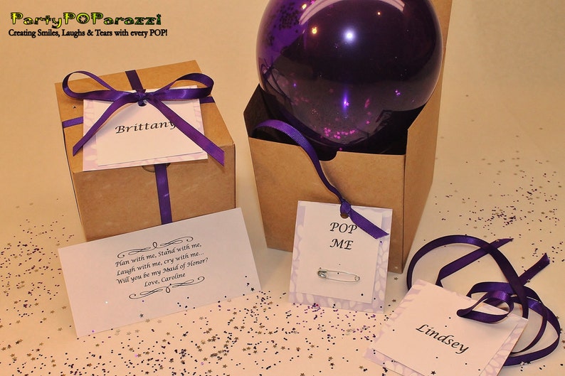 Will you be my Bridesmaid personalized message inside balloon in gift box garnished in your wedding colors will you be my Junior bridesmaid