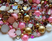 30g 3-10mm 39 Pink and Matte Gold Mix Flatback Pearl Rhinestone Bling 14 Cut Gems Resin Acrylic Flat back Deco Nail Art Craft