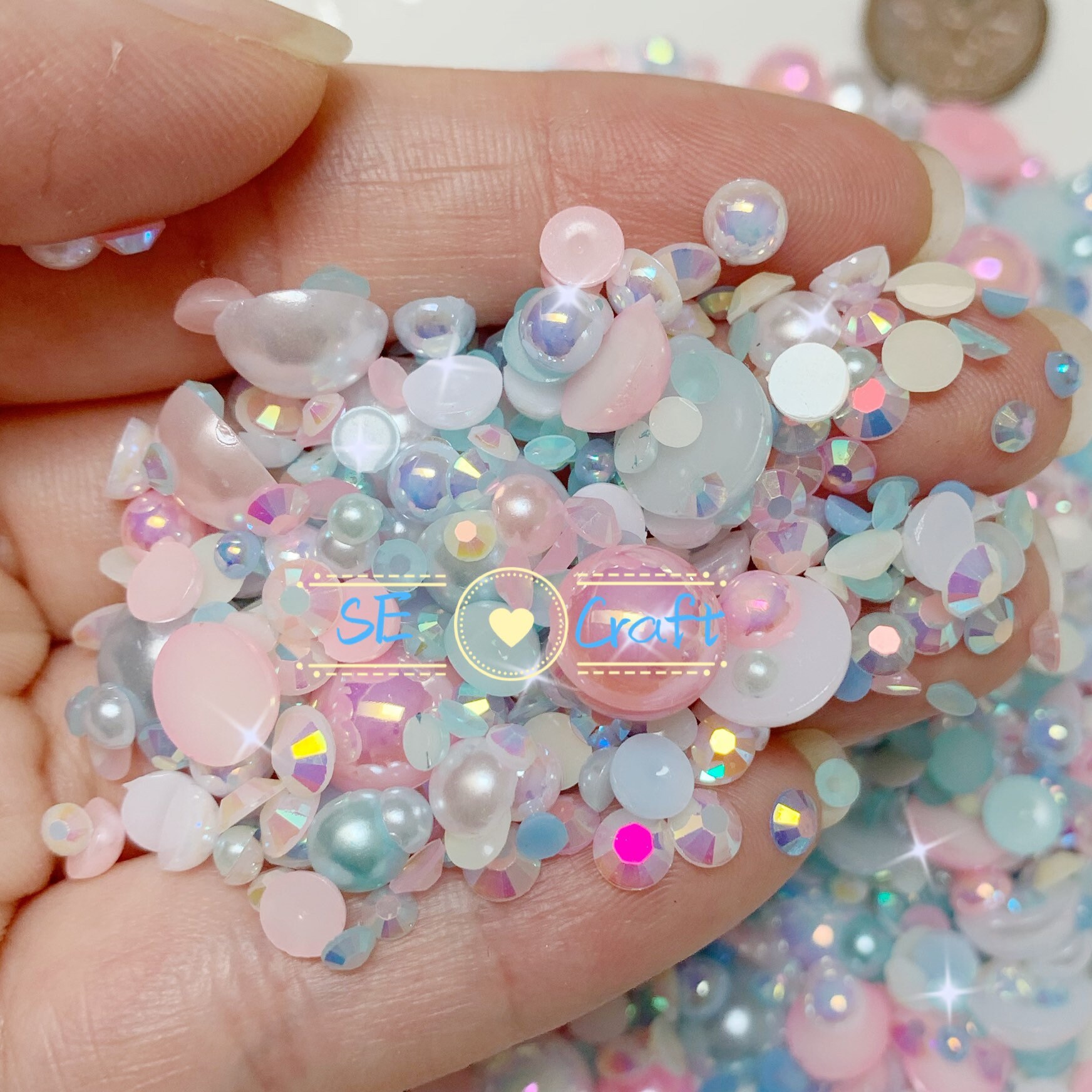 30g 3-10mm #04 Pink Blue and White Mix Flatback Pearl