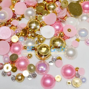30g 3-10mm #017 Rosa e Oro Mix Flatback Perla Strass Bling 14 Gemme Tagliate Resina Acrilico Retro piatto Deco Nail Art Craft