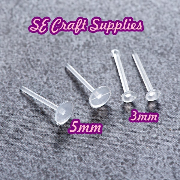 3mm 5mm Hypoallergic Plastic Earring Post and Rubber Back nut Clear color Great for Anyone with metal allergies,metal free,supplies finding