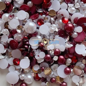 30g 3-10mm #42 Blanco Borgoña Rojo Perla Mezcla Flatback Perla Pedrería Bling 14 Gemas Cortadas Resina Acrílica Flatback Deco Nail Art Craft