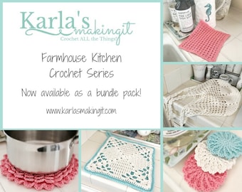 Crochet Pattern bundle *30% savings* Farmhouse Kitchen Mesh Market Bag, Pot Holder, Blossom Trivet, Scrubby, Textured Dishcloth, gift