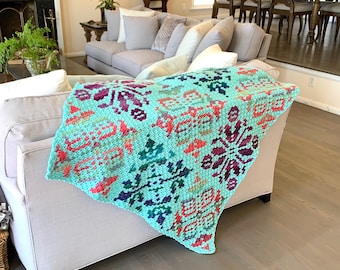 Easy! Vintage Tiles Corner to Corner (C2C) Blanket Crochet Pattern Digital Download, afghan baby throw gift