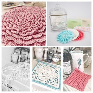 Crochet Pattern bundle *30% savings* Farmhouse Kitchen Mesh Market Bag, Pot Holder, Blossom Trivet, Scrubby, Textured Dishcloth, gift