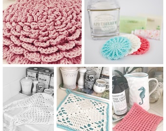 Crochet Pattern bundle *30% savings* Farmhouse Kitchen Mesh Market Bag, Pot Holder, Blossom Trivet, Scrubby, Textured Dishcloth, gift