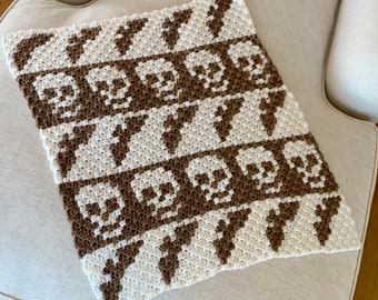 Skulls and Bats Corner to Corner Crochet Blanket Pattern, baby, throw, lapghan, halloween, gift, custom sizing instructions included