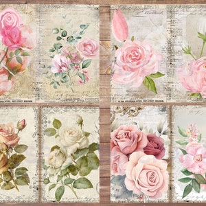Junk Journal, Vintage,Shabby Chic Pink Roses Journal Pages, Flowers,Printable Digital Download, Scrapbooking Floral Pages, Old Paper