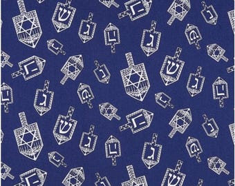 Riley Blake Festival Of Lights Dreidel Toss Blue and Metallic silver white Hanukkah 100% Cotton Fabric