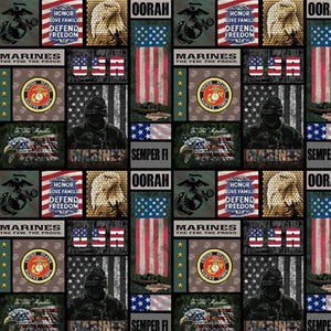 MARINES Camo Flag Block Military Cotton Fabric 100% Cotton Officially Licensed