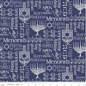Riley Blake Festival Of Lights Dreidel Toss Blue Hanukkah 100% Cotton Fabric Blue Silver Menorah
