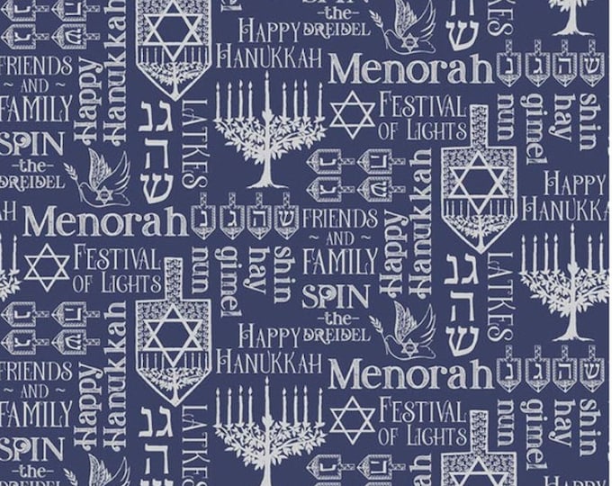 Riley Blake Festival Of Lights Dreidel Toss Blue Hanukkah 100% Cotton Fabric Blue Silver Menorah