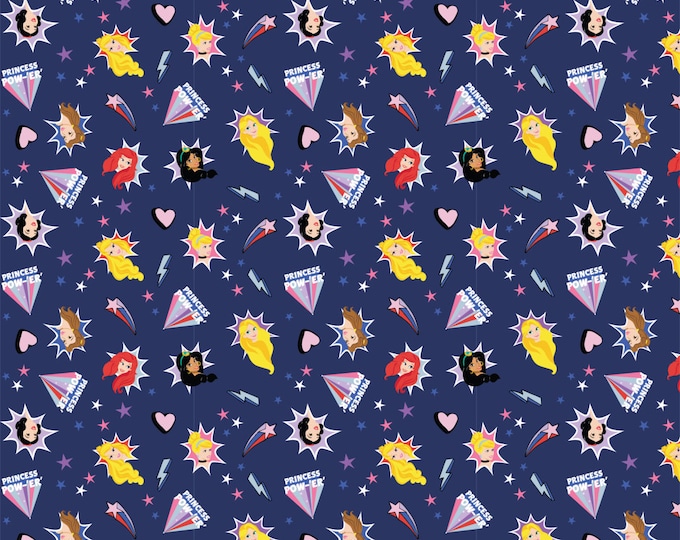 Disney Princess Power Tossed Princess Burst Navy Cotton Fabric 100% Cotton Officially Licensed