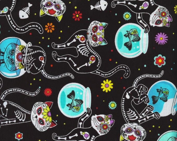 Cats Sugar Skulls Fabric 100% Cotton   day of the dead Timeless Treasures Officially Licensed