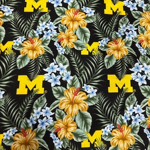 University of Michigan Wolverines Fabric 100% Cotton Hawaiian Floral OOP rare Officially Licensed